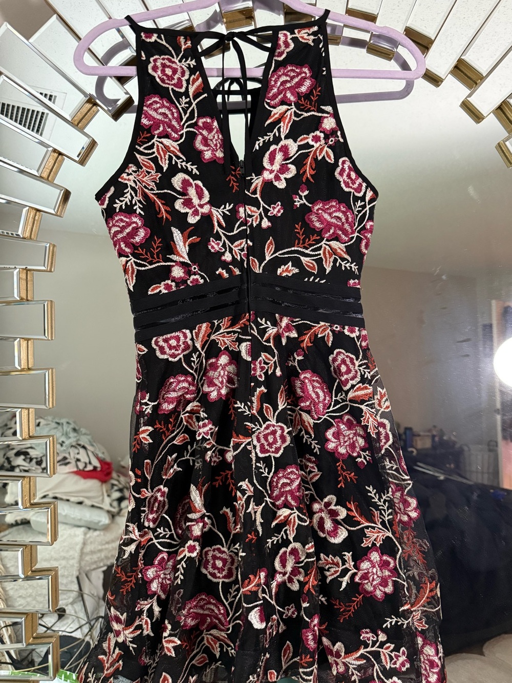 Floral Lace Black Dress with Pink Red Orange and Cream Embroidery